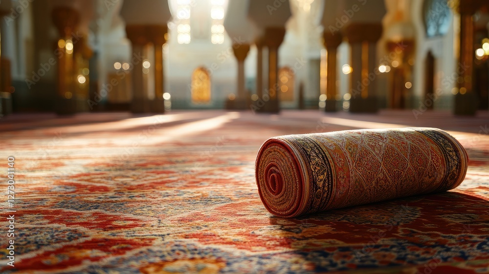 Poster a rolled prayer rug lying on a patterned carpet inside a mosque, capturing the tranquility and spiri