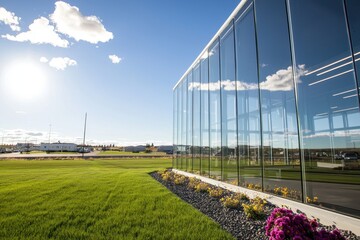Obraz premium Modern architecture reflecting blue sky and clouds on a sunny day with green grass and vibrant flowers in the foreground