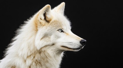 Fototapeta premium Arctic wolf portrait, piercing pale eyes, detailed white fur texture, black dramatic background, side profile view, studio lighting, wildlife photography, panoramic composition