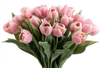 Obraz premium A vibrant bouquet of soft pink tulips showcasing their delicate petals and lush green leaves.