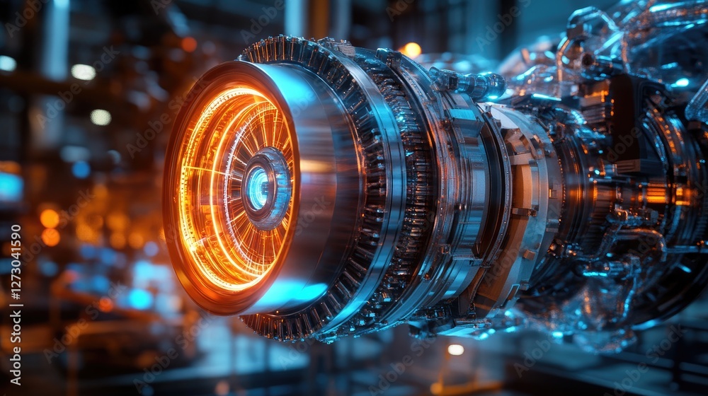 Poster a rotating engine projected holographically in a modern factory, with vibrant colors illuminating th