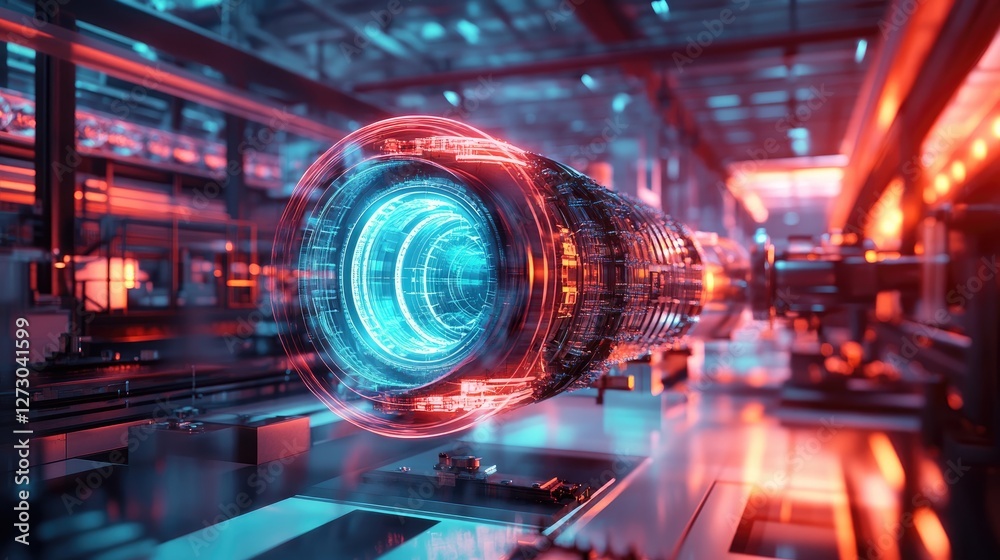 Poster A rotating engine projected holographically in a modern factory, with vibrant colors illuminating the space and showcasing advanced technology and engineering.
