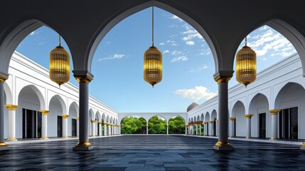 Architectural courtyard with arches columns and decorative hanging lanterns