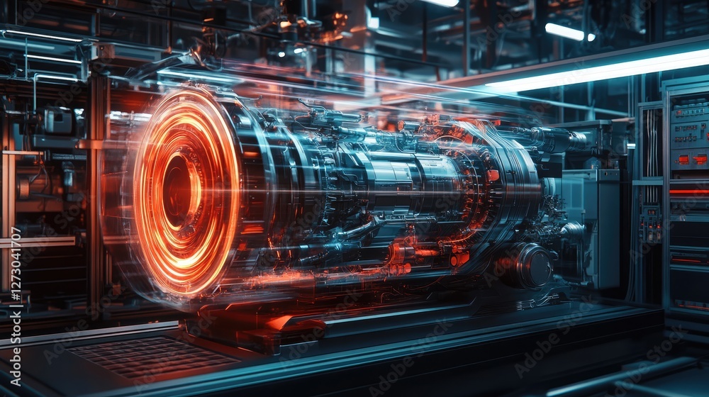 Poster a rotating holographic engine, projected in a modern factory setting, showcasing the future of autom