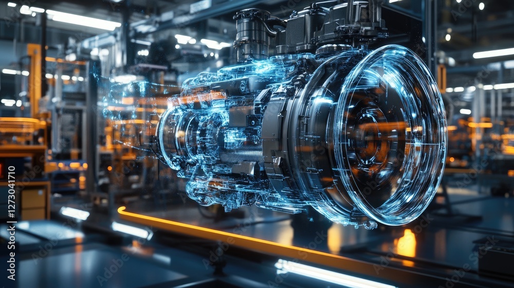Poster a rotating holographic engine, projected in a modern factory setting, showcasing the future of autom
