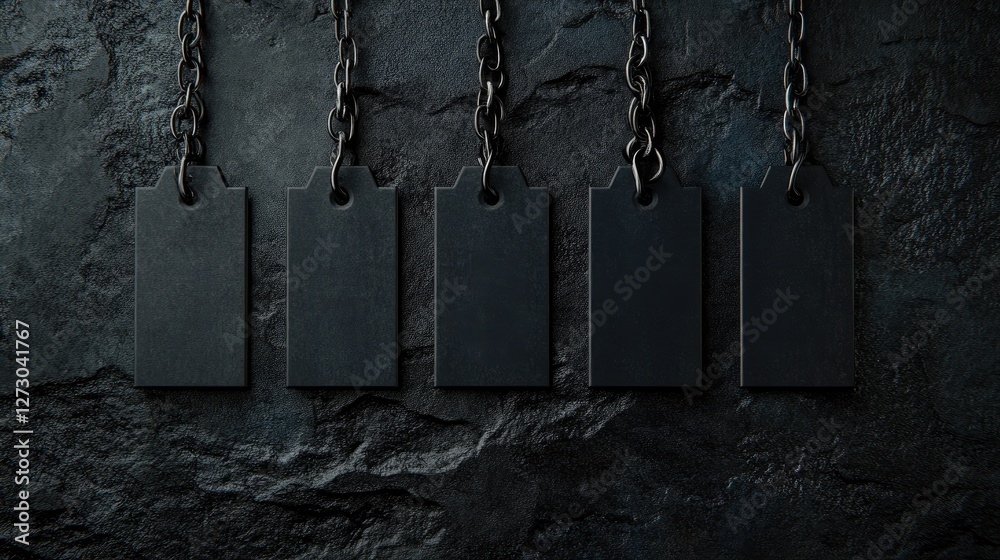 Poster a row of blank black square tags hanging on a chain, set against a textured dark stone background, c