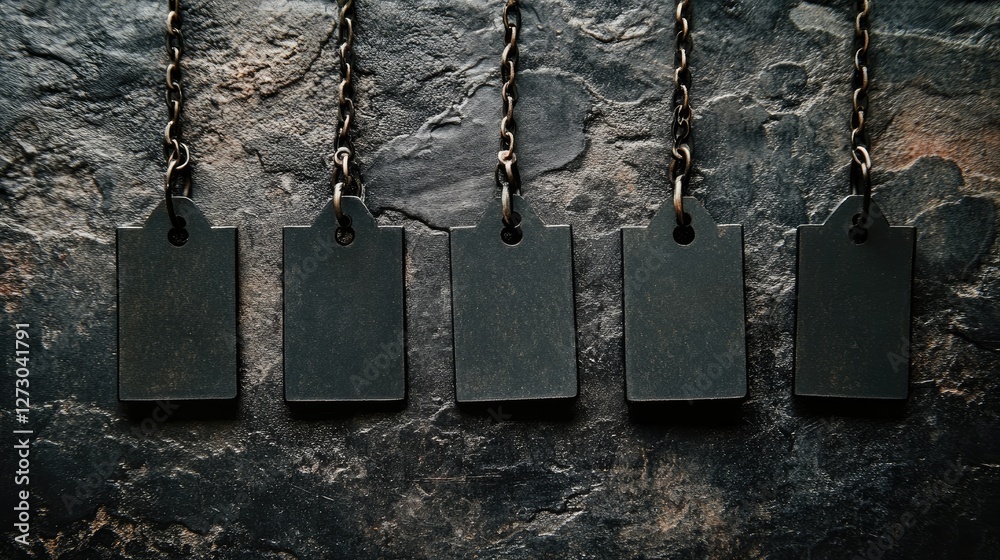 Poster a row of blank black square tags hanging on a chain, set against a textured dark stone background, c