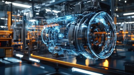 Fototapeta premium A rotating holographic engine, projected in a modern factory setting, showcasing the future of automotive technology with dynamic colors and details.
