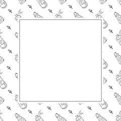 artist tool frame. doodle art supplies square frame. hand drawn artist kit frame background. art material background
