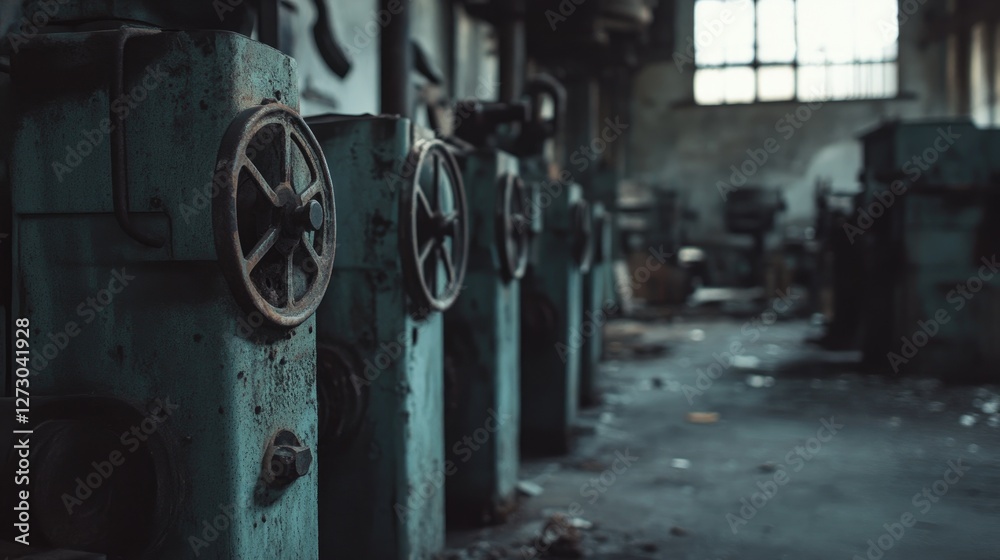 Poster a row of old industrial machines in an abandoned factory, standing motionless in the dim light, show