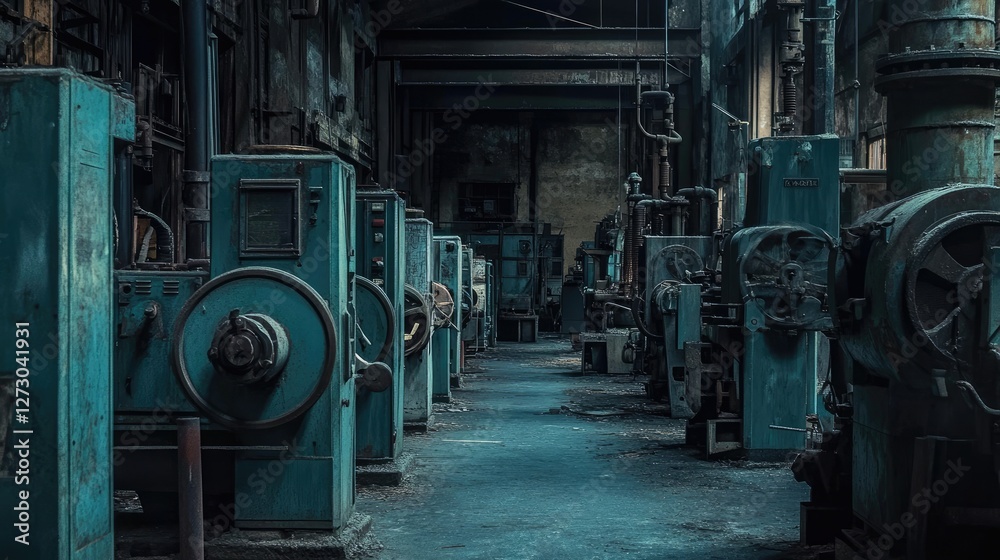 Poster a row of old industrial machines in an abandoned factory, standing motionless in the dim light, show