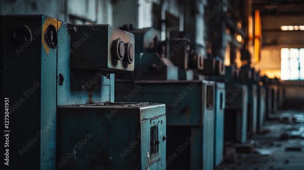 Poster a row of old industrial machines in an abandoned factory, standing motionless in the dim light, show