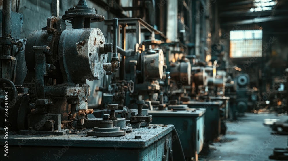 Poster a row of old industrial machines in an abandoned factory, standing motionless in the dim light, show