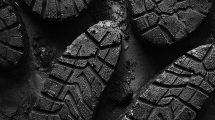 Boot track collection, diverse sole pattern prints, grainy texture details, high contrast black stamps, industrial tread designs, street photography style, documentary approach