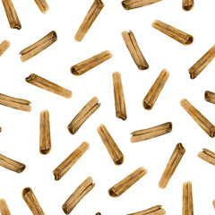 Seamless watercolor hand drawn pattern with dried brown cinnamon sticks. Spices aromatic condiment for mulled wine cuisine cooking eating cassia for healthy organic food packaging labels.