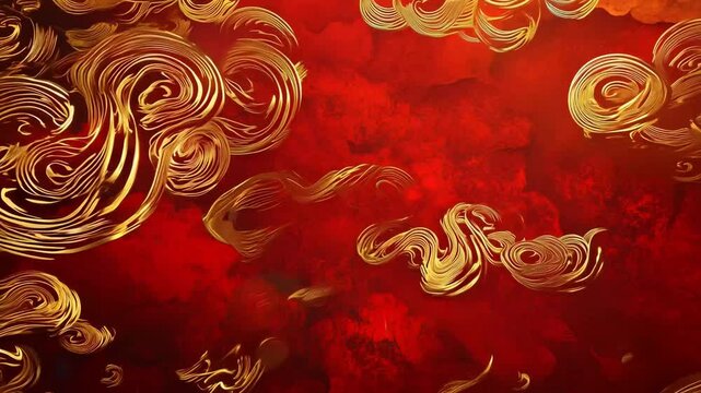 A luxurious ornamental pattern featuring golden swirling clouds on a rich red textured background. Inspired by traditional Asian art, this intricate design symbolizes prosperity, fortune, and elegance