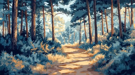Contemporary landscape set, peaceful forest scenes, minimalist nature artwork, soft color transitions, pine grove illustrations, organic pathway design, tranquil outdoor vignettes