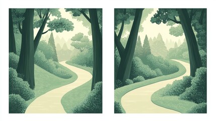 Contemporary landscape set, peaceful forest scenes, minimalist nature artwork, soft color transitions, pine grove illustrations, organic pathway design, tranquil outdoor vignettes