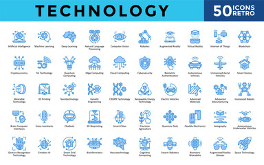 Technology icons set with artificial intelligence, machine learning, deep learning, natural language processing, computer vision, robotics, augmented reality icon. Simple retro vector 
