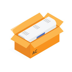 An isometric icon of an air conditioner unit inside an open cardboard box