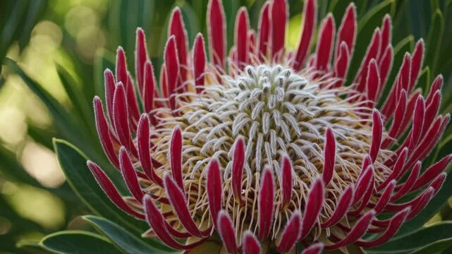 Close-up video angle of a vibrant protea flower with red petals and green leaves, showcasing intricate details and natural beauty.