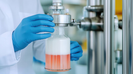 A chemical solution being filtered to separate solids from liqui