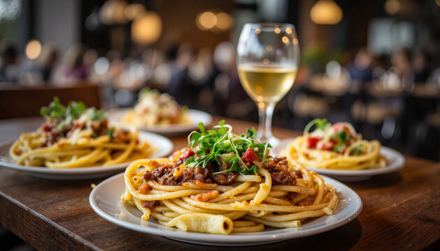 Elegant pasta dishes with wine in upscale restaurant, culinary experience