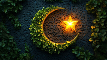 Elegant Crescent Moon and Star With Vibrant Greenery on Ornate Background
