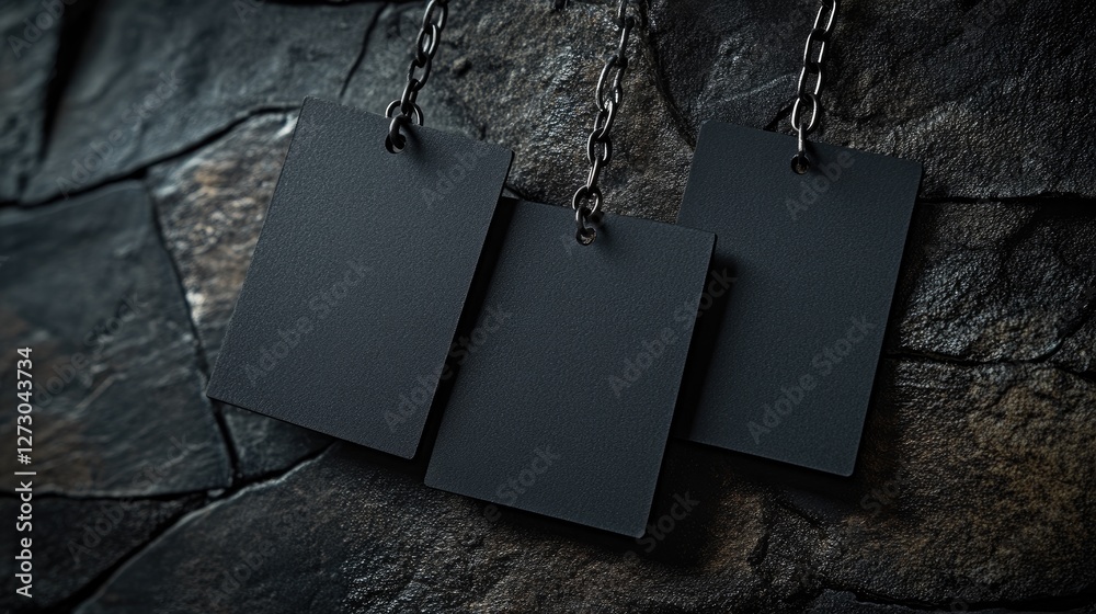 Poster A set of blank black square tags hanging from a chain against a dark stone backdrop, ideal for creating a stylish, modern display or design concept.