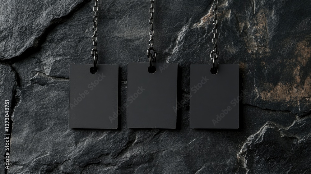 Poster A set of blank black square tags hanging from a chain against a dark stone backdrop, ideal for creating a stylish, modern display or design concept.