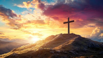 Sunset over a hillside with a wooden cross, golden light breaking through the clouds, peaceful and spiritual Christian imagery