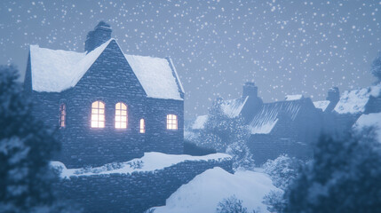 Fototapeta premium Snowy evening in a quaint village with illuminated stone houses