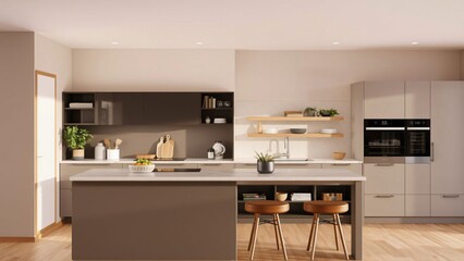 Modern Minimalist Kitchen Design with Island and Built-in Appliances