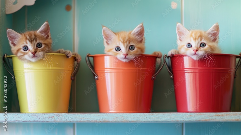 Poster a set of colorful buckets on a shelf, with three adorable kittens peeking out, full of personality a
