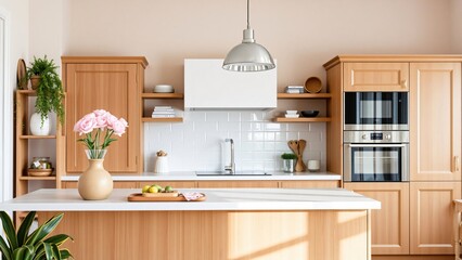 Modern Light Wood Kitchen Interior with Island and Pink Flowers