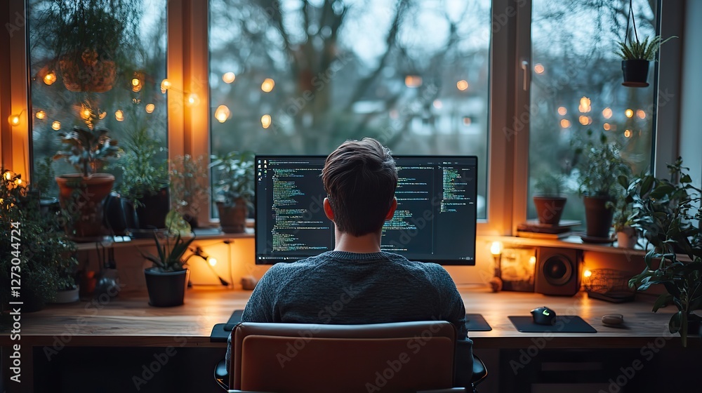 Poster remote work setup with rear view of man using computer in a cozy home office environment