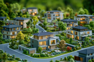 Fototapeta premium A miniature model of a modern residential neighborhood showcasing houses with landscaping and streetlights.