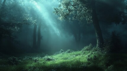 Fototapeta premium foggy forest undergrowth, dramatic morning light beams, dark tree outlines, atmospheric woodland scene, natural grass textures, moody sunrise lighting, cinematic landscape composition