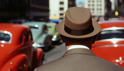 Vintage city life scene featuring a sharply dressed man in a hat, urban street filled with classic automobiles, nostalgic film-inspired look
