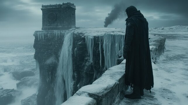 Frozen clifftop, hooded figure, icy waterfall, ruined tower