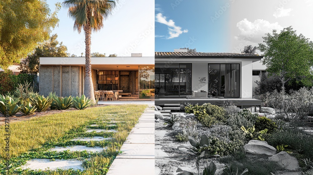 Poster a slider showing the transformation of a dilapidated house to a completed custom home, with vibrant 
