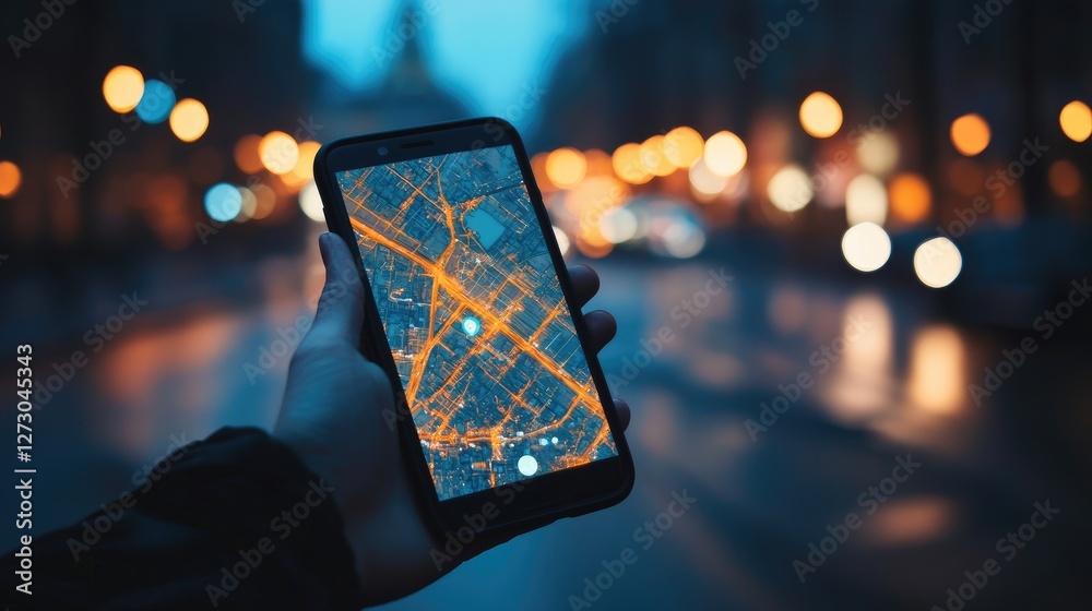 Poster A smartphone displaying GPS coordinates on a map of the city at night, illuminated by the soft glow of streetlights and building lights.