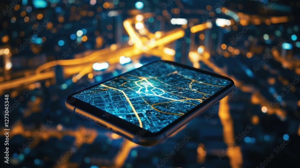 Poster a smartphone screen showing a real-time gps position on a city map at night, surrounded by the glowi
