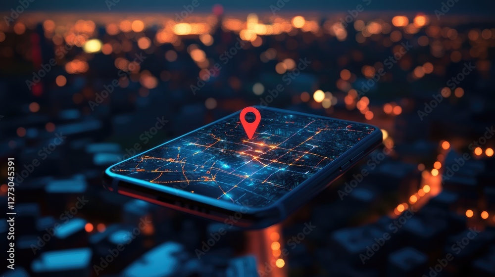 Poster a smartphone screen showing a real-time gps position on a city map at night, surrounded by the glowi