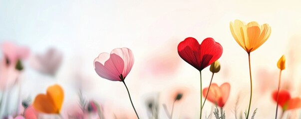 Obraz premium Whimsical field of flowers with heart-shaped petals, soft pastel tones, delicate watercolor style, romantic and dreamy botanical composition