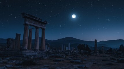 Fototapeta premium Night view of ancient Greek ruins under a full moon, mountains in background; historical travel