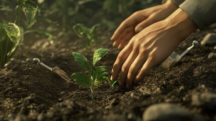Dynamic planting action hands planting seedlings in a vibrant garden close-up