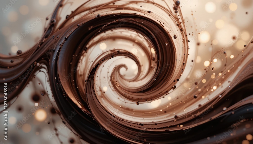Poster swirling abstract chocolate waves with floating particles in dynamic motion