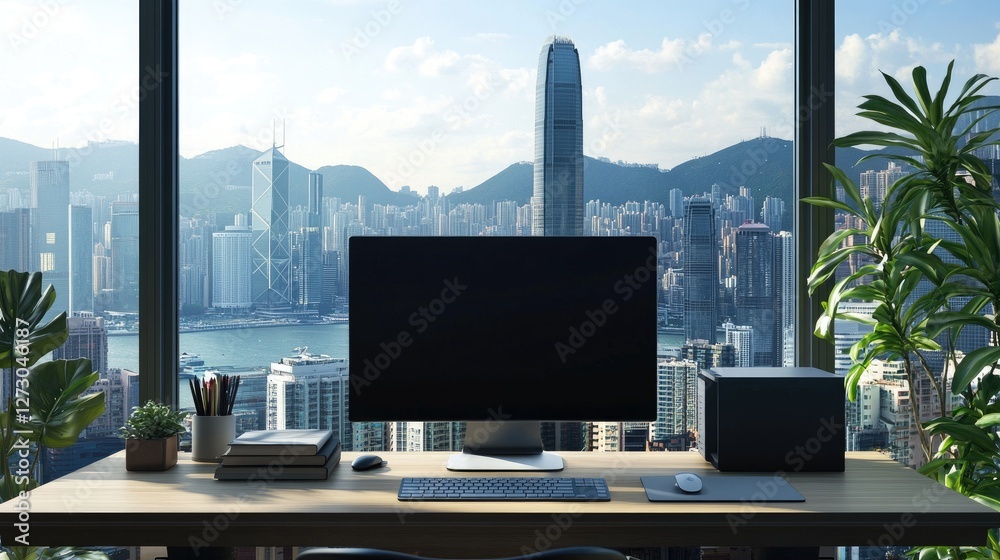 Poster a spacious modern office desk with a view of the hong kong skyline, set with a computer, books, a mo