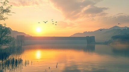 Obraz premium Panoramic sunset at a scenic lake a captivating and tranquil environment